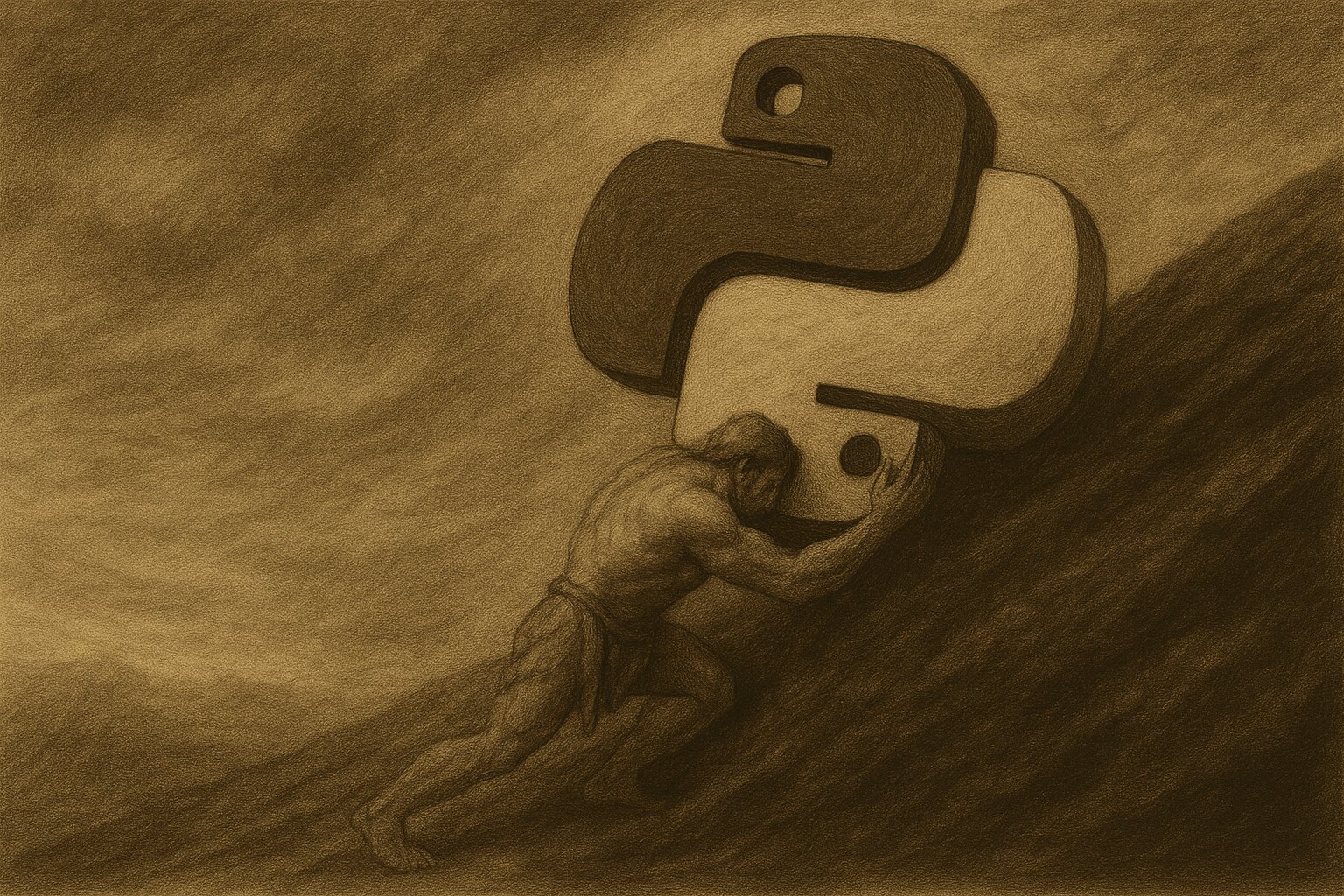 Illustration of sysiphos wheeling not a boulder but the Python logo up the hill.